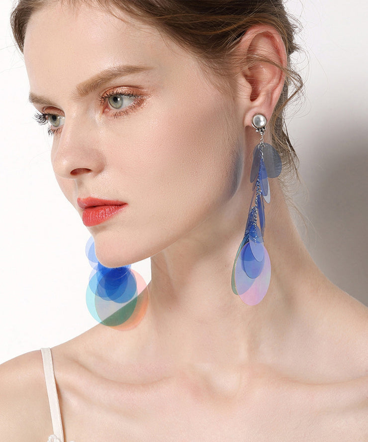 Beautiful Blue Stainless Steel Round Sequin Tassel Drop Earrings