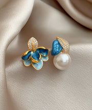 Beautiful BlueCopper Zircon Asymmetric Pearl Enamel Drop Glaze Stud Earrings