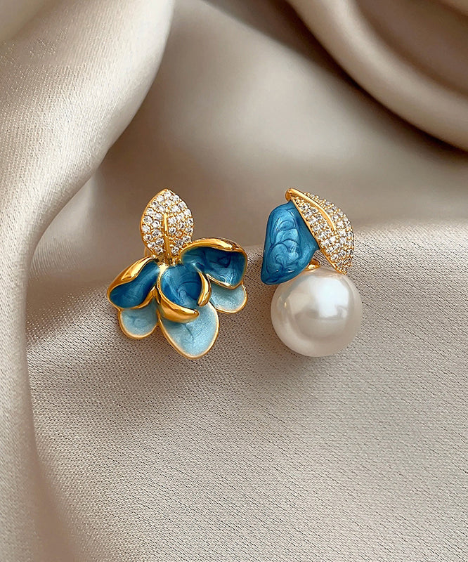 Beautiful BlueCopper Zircon Asymmetric Pearl Enamel Drop Glaze Stud Earrings