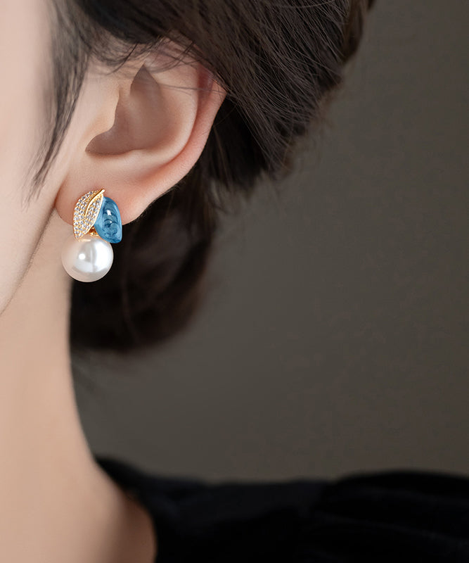 Beautiful BlueCopper Zircon Asymmetric Pearl Enamel Drop Glaze Stud Earrings