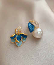 Beautiful BlueCopper Zircon Asymmetric Pearl Enamel Drop Glaze Stud Earrings