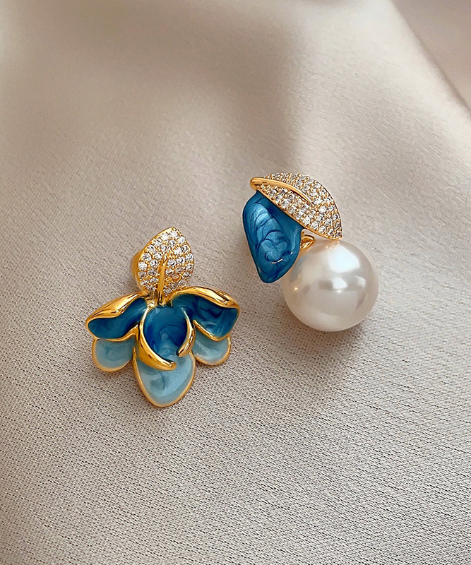 Beautiful BlueCopper Zircon Asymmetric Pearl Enamel Drop Glaze Stud Earrings