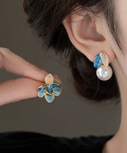 Beautiful BlueCopper Zircon Asymmetric Pearl Enamel Drop Glaze Stud Earrings