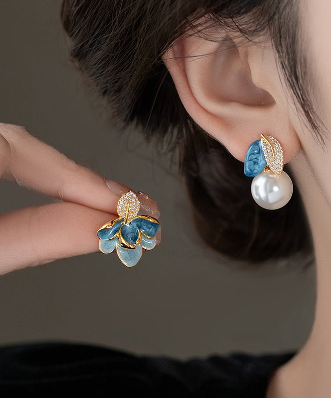 Beautiful BlueCopper Zircon Asymmetric Pearl Enamel Drop Glaze Stud Earrings