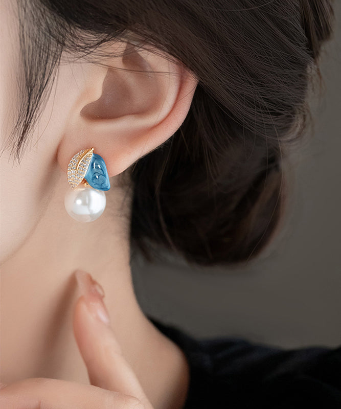 Beautiful BlueCopper Zircon Asymmetric Pearl Enamel Drop Glaze Stud Earrings