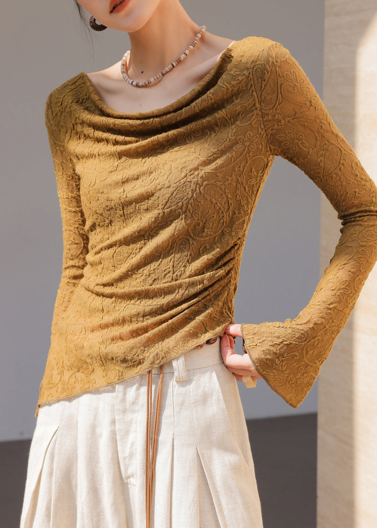 Beautiful Brown Asymmetrical Jacquard Cotton Top Flare Sleeve