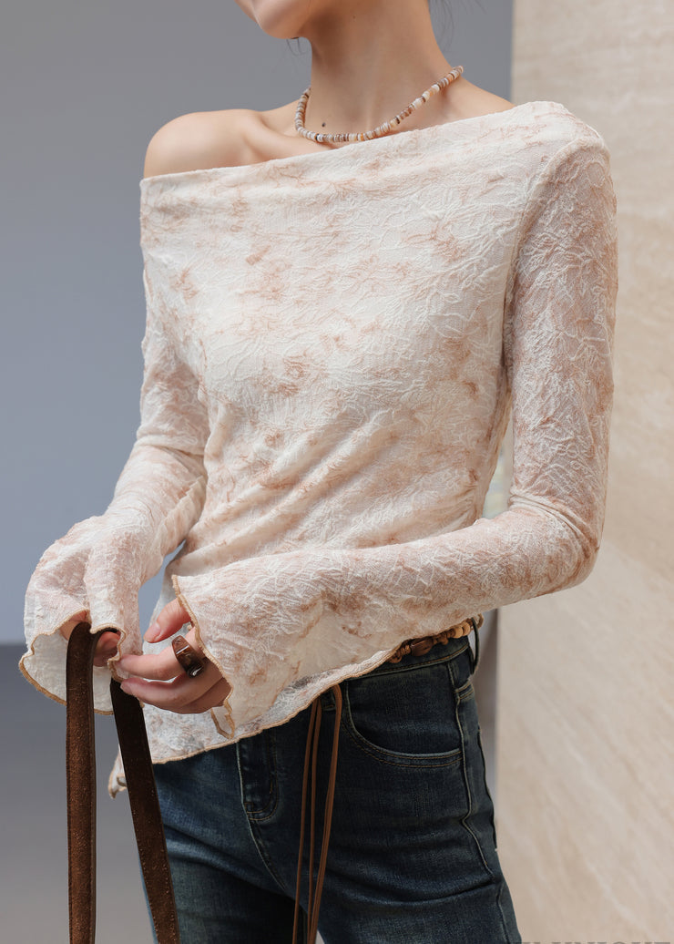 Beautiful Brown Asymmetrical Jacquard Cotton Top Flare Sleeve