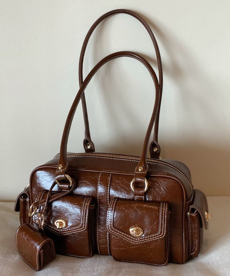 Beautiful Brown Pockets Faux Leather Tote Handbag