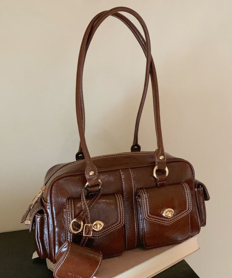 Beautiful Brown Pockets Faux Leather Tote Handbag