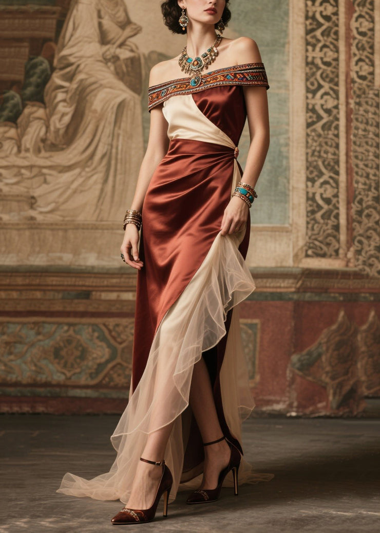 Beautiful Chocolate Cold Shoulder Patchwork Silk Dinner Dress Summer