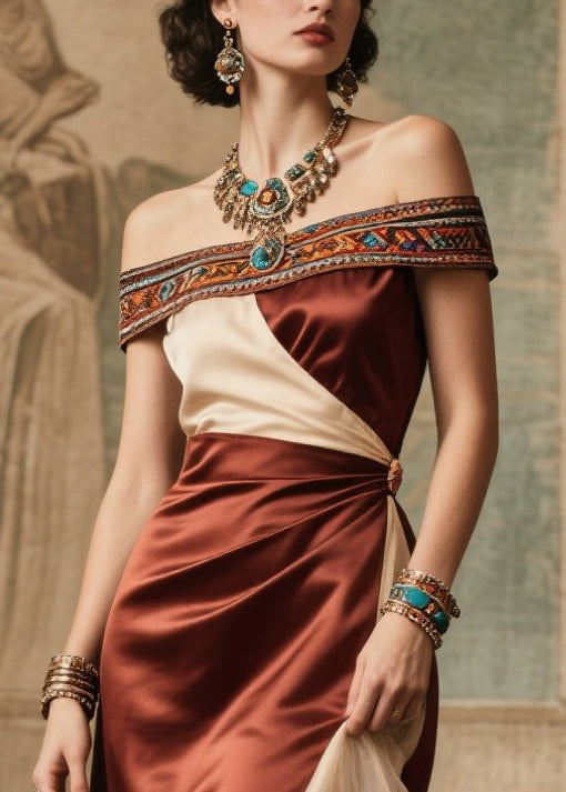 Beautiful Chocolate Cold Shoulder Patchwork Silk Dinner Dress Summer