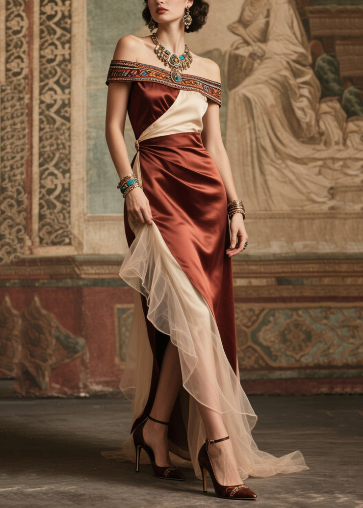 Beautiful Chocolate Cold Shoulder Patchwork Silk Dinner Dress Summer