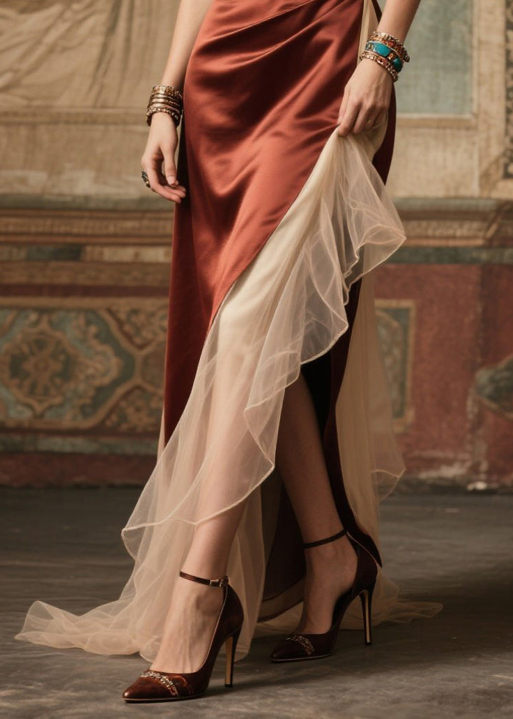 Beautiful Chocolate Cold Shoulder Patchwork Silk Dinner Dress Summer