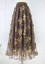 Beautiful Coffee Embroidered High Waist Tulle Skirts Spring