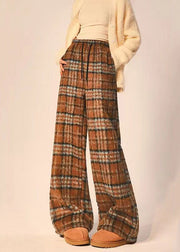 Beautiful Coffee Plaid Pockets Elastic Waist cotton blend Wide Leg Pants Spring
