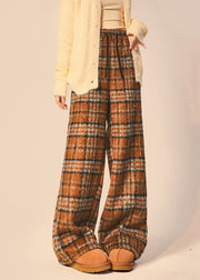 Beautiful Coffee Plaid Pockets Elastic Waist cotton blend Wide Leg Pants Spring