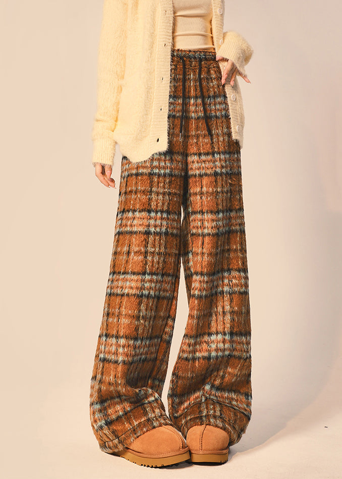 Beautiful Coffee Plaid Pockets Elastic Waist cotton blend Wide Leg Pants Spring