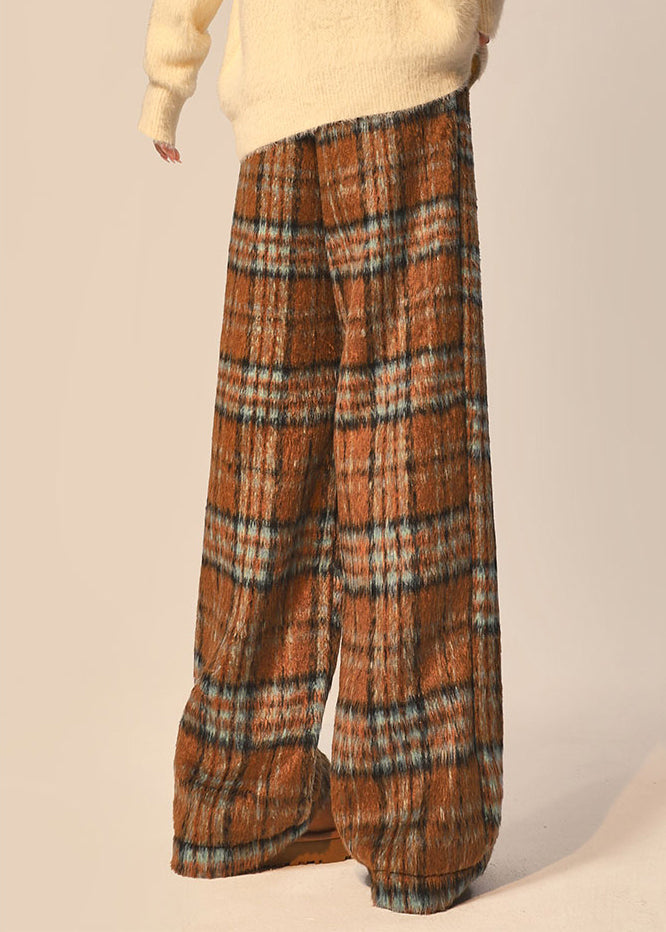 Beautiful Coffee Plaid Pockets Elastic Waist cotton blend Wide Leg Pants Spring