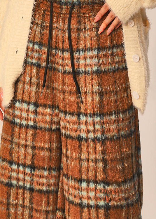 Beautiful Coffee Plaid Pockets Elastic Waist cotton blend Wide Leg Pants Spring
