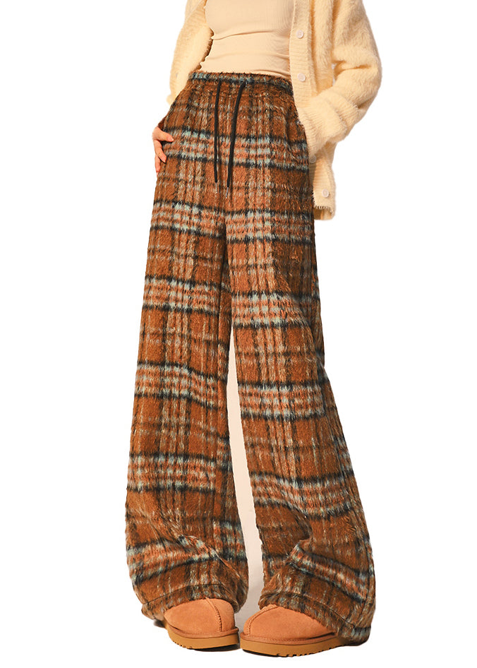 Beautiful Coffee Plaid Pockets Elastic Waist cotton blend Wide Leg Pants Spring