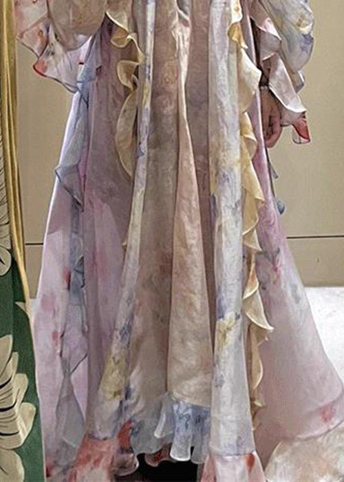 Beautiful Cold Shoulder Ruffled Print Chiffon Long Dresses