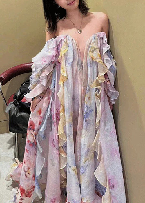 Beautiful Cold Shoulder Ruffled Print Chiffon Long Dresses