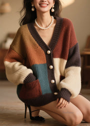 Beautiful Colorblock Button Pockets Knit Cardigan Fall