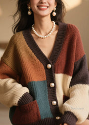 Beautiful Colorblock Button Pockets Knit Cardigan Fall