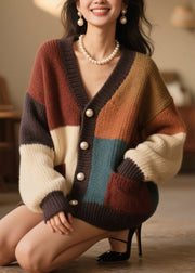 Beautiful Colorblock Button Pockets Knit Cardigan Fall