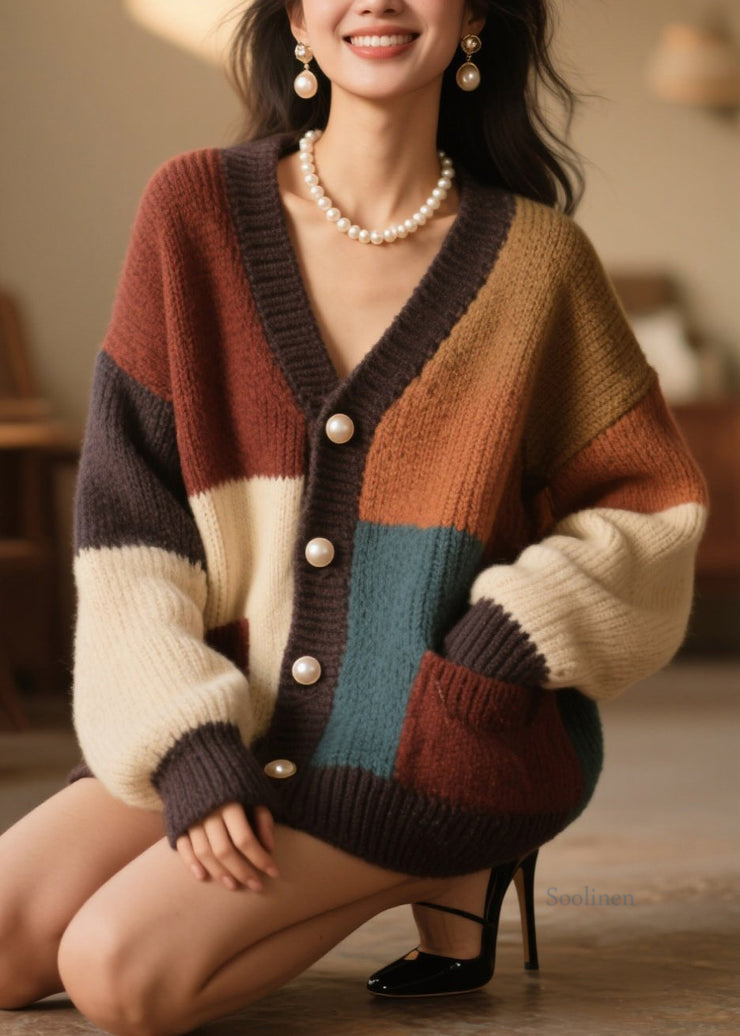Beautiful Colorblock Button Pockets Knit Cardigan Fall