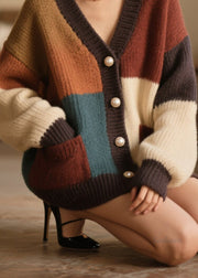 Beautiful Colorblock Button Pockets Knit Cardigan Fall