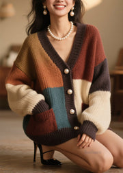 Beautiful Colorblock Button Pockets Knit Cardigan Fall