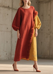 Beautiful Colorblock Fuzzy Fur Fluffy Patchwork Cotton Long Dress Fall