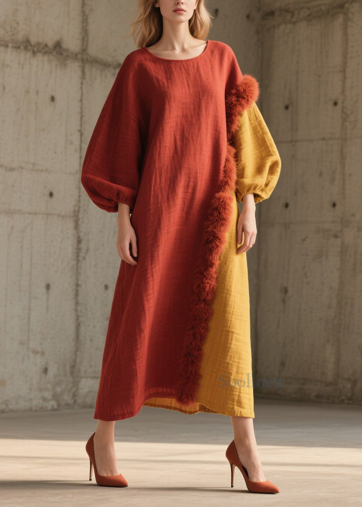 Beautiful Colorblock Fuzzy Fur Fluffy Patchwork Cotton Long Dress Fall