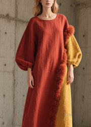Beautiful Colorblock Fuzzy Fur Fluffy Patchwork Cotton Long Dress Fall