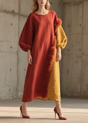Beautiful Colorblock Fuzzy Fur Fluffy Patchwork Cotton Long Dress Fall