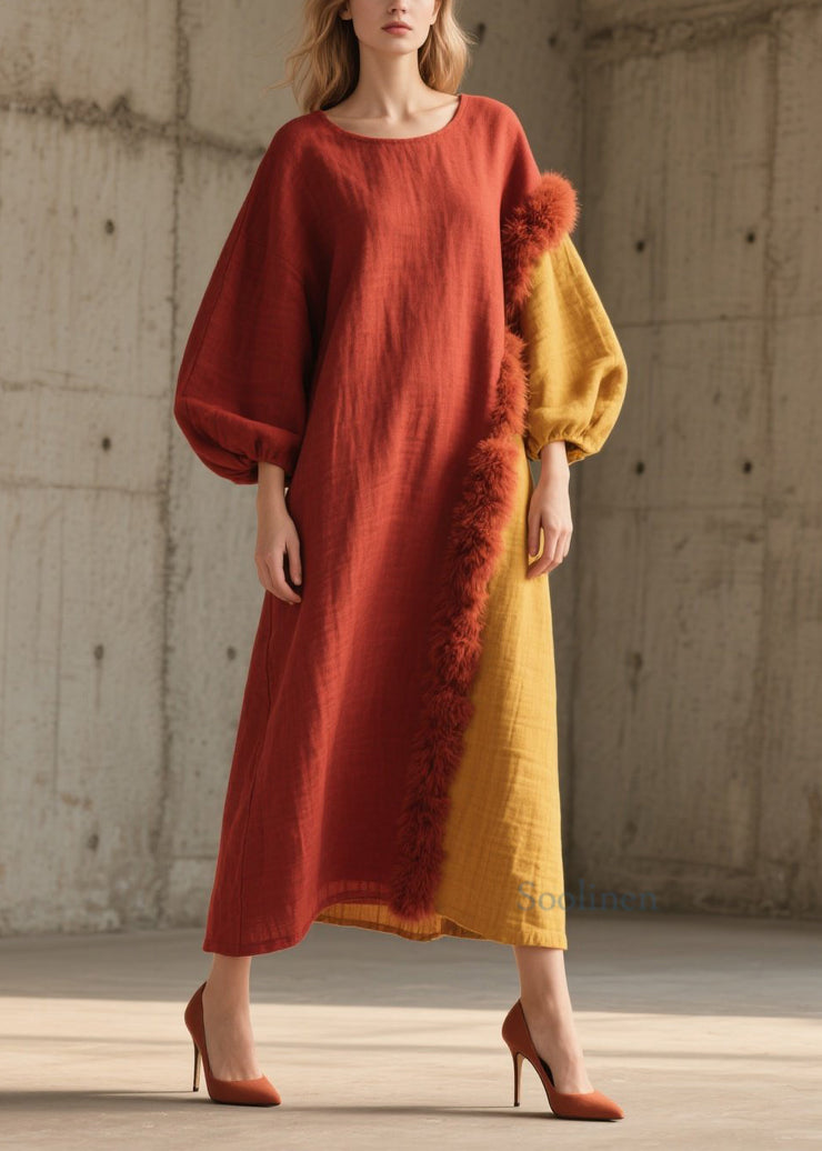 Beautiful Colorblock Fuzzy Fur Fluffy Patchwork Cotton Long Dress Fall