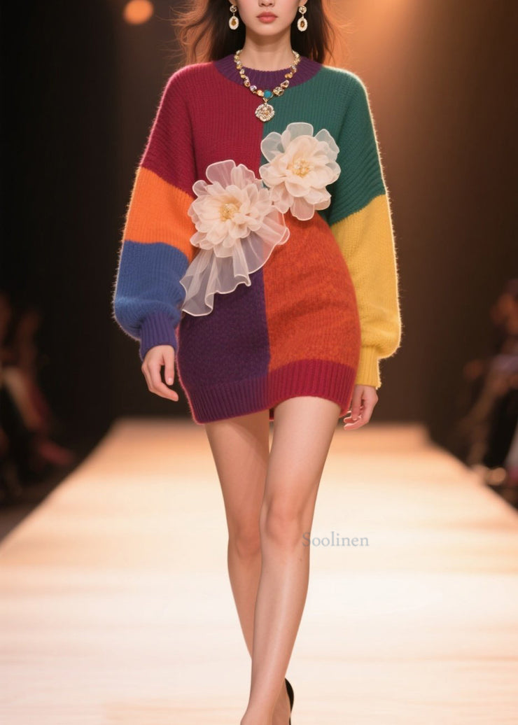 Beautiful Colorblock O Neck Floral Knit Sweaters Tops Fall