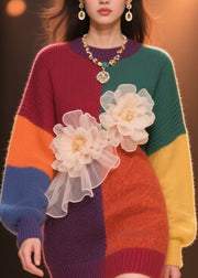 Beautiful Colorblock O Neck Floral Knit Sweaters Tops Fall