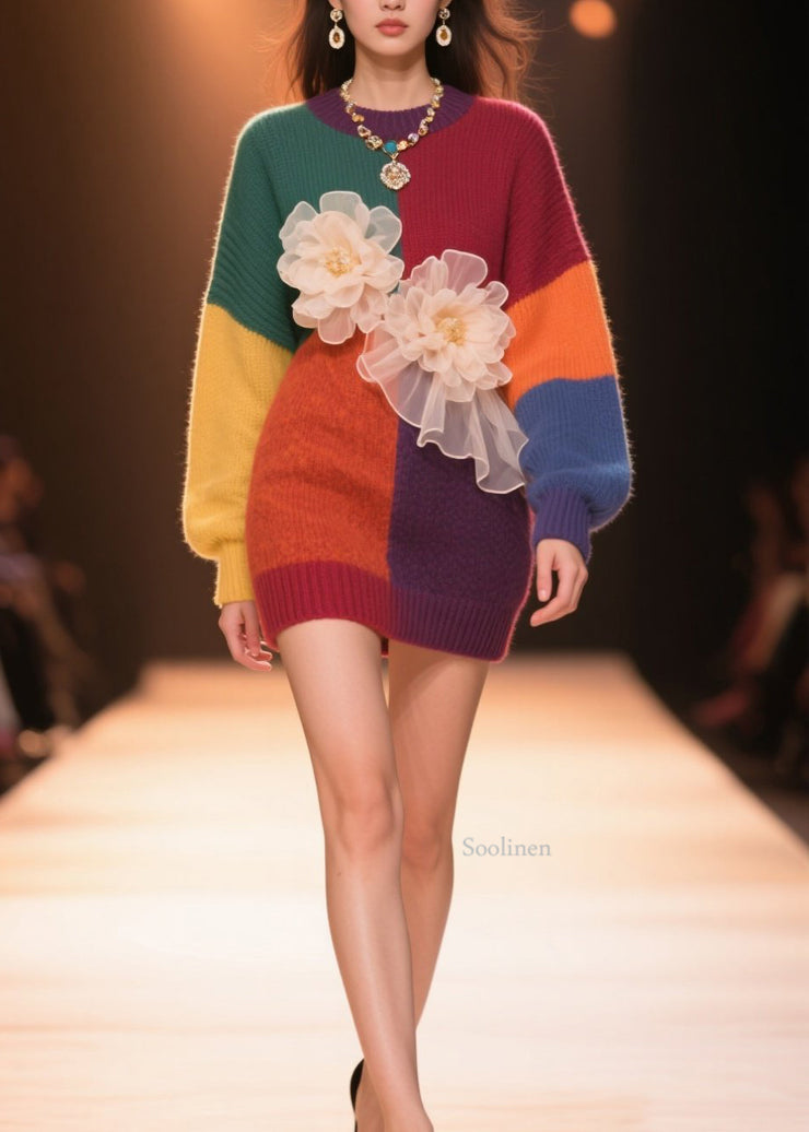 Beautiful Colorblock O Neck Floral Knit Sweaters Tops Fall