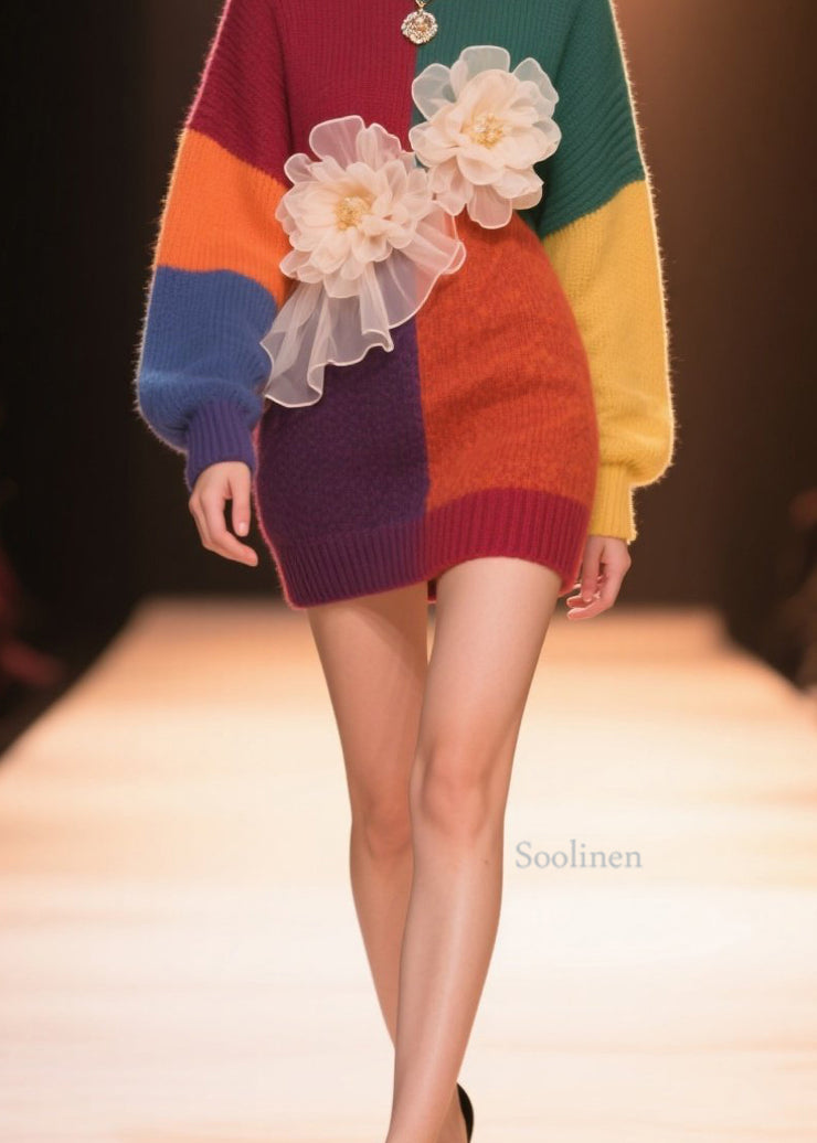 Beautiful Colorblock O Neck Floral Knit Sweaters Tops Fall