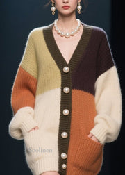 Beautiful Colorblock V Neck Button Patchwork Knit Loose Coat Fall