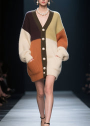 Beautiful Colorblock V Neck Button Patchwork Knit Loose Coat Fall