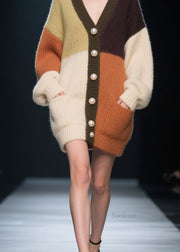 Beautiful Colorblock V Neck Button Patchwork Knit Loose Coat Fall