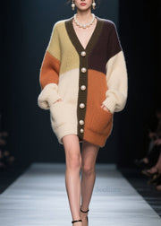 Beautiful Colorblock V Neck Button Patchwork Knit Loose Coat Fall