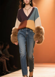 Beautiful Colorblock V Neck Fuzzy Fur Fluffy Patchwork Knit Sweaters Fall