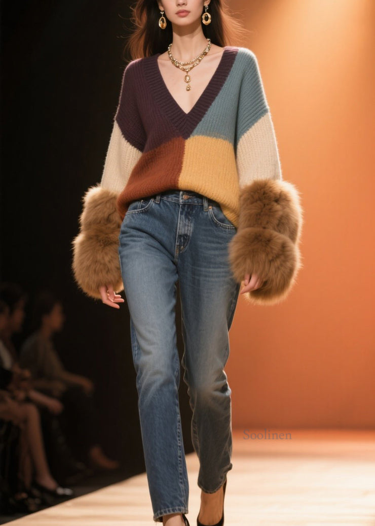 Beautiful Colorblock V Neck Fuzzy Fur Fluffy Patchwork Knit Sweaters Fall