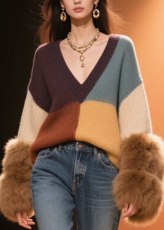 Beautiful Colorblock V Neck Fuzzy Fur Fluffy Patchwork Knit Sweaters Fall