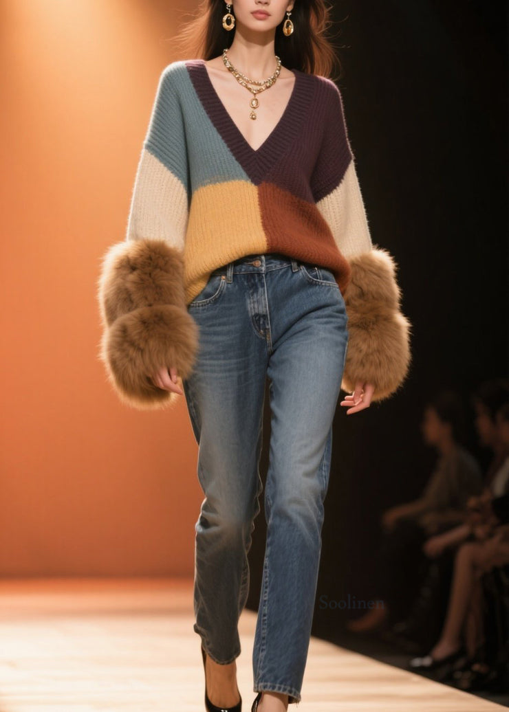 Beautiful Colorblock V Neck Fuzzy Fur Fluffy Patchwork Knit Sweaters Fall