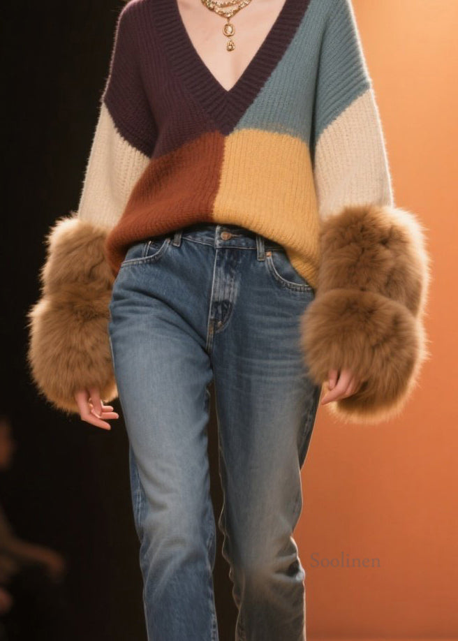 Beautiful Colorblock V Neck Fuzzy Fur Fluffy Patchwork Knit Sweaters Fall